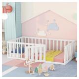 Merax TwinSizeWoodFloorBedFramewithFencea