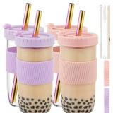 Reusable Boba Cup Bubble Tea Cup 4 Pack, 24Oz Wid