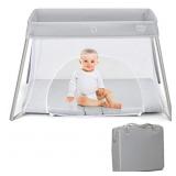 BABY JOY 2 in 1 Travel Crib with Side Zipper, Port