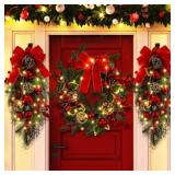 Meooeck 3 Pcs Christmas Pre Lit Wreath and Swag wi