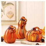 glitzhome 3Pcs Multi Striped Glass Pumpkin & Gourd
