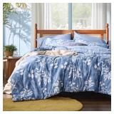 Bedsure Queen Comforter Set - 7 Pieces Blue Floral