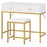 SUPERJARE 35.4' White and Gold Desk with 2 Drawers