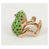Enameled Tree Frog Ring 18K Yellow Gold