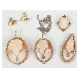 (3) 14K Gold Carved Cameos (1) 10K & Earrings
