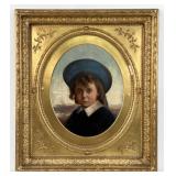 19th C. "Boy In Blue Hat" Oil On Board