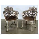 Pair of Heavy Harp-Back Antique Cast Iron Chairs