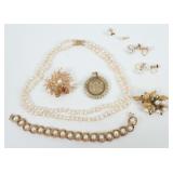 Pearl Necklace, Bracelet, Earrings, Pins & Pendant
