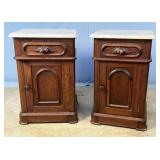 2 Walnut Marble Top Half Commodes w/ Carved Fruit