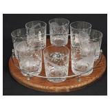Oak Tray w/ (8) AJKA Safari Lowball Glasses