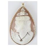14K Gold Carved Shell Cameo w/ Diamond Necklace