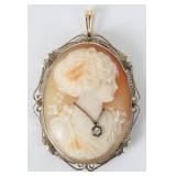 14K Gold Filigree Cameo w/ Diamond Necklace