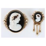 Two Natural Pearl & Carved Onyx 18K Cameos