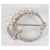 14K White Gold Diamond & Pearl Pin