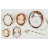 (5) 10K Gold Cameos & 14K Pearl Stick Pin