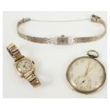 14K Gold Pocket Watch & (2) Ladies Watches