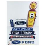 (3) Ford signs, Shell Pump Sign, Dad's Garage Sign