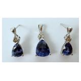 14K Synthetic Sapphire Diamond Pendant & Earrings