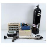 Group of Scuba Diving Equipment, Tank, Monitor,