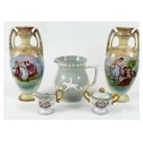 Porcelain Vases, Creamer, Sugar, & Spode Pitcher