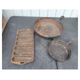 (2) Cast Iron Pans & Cast Iron Cornbread Pan