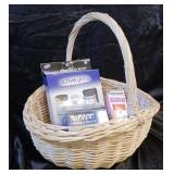 WHITE WOVEN WICKER BASKET W/ BEAUTY SUPPLIES
