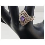 .925 MARCASITE RING WITH PURPLE STONE