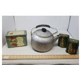 LARGE VINTAGE TEA KETTLE,W/ROUND BOTTOM +TINS