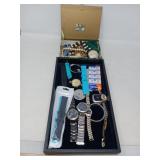 JEWELRY MISC  BOX & WATCHES LOT