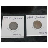 US COINS / 1908 INDIAN HEAD PENNIES / 2 COINS