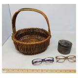 WICKER BASKET 11X12, VINTG METAL TIN, GLASSES