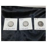 US COINS- 3 V NICKELS 1907, 1909, 19??