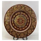 Ukrainian hand carved wooden plate with brass