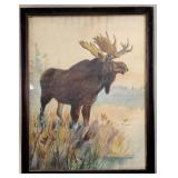 Antique Moose Lakeside Portrait, Watercolor, Heine