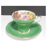 Aynsley Corset Cabbage Roses Green Teacup & Saucer