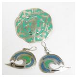 Large Alpaca Mexico Brooch Pendant and Earrings