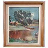 Naive Summer Moonlight Lake Landscape, Signed