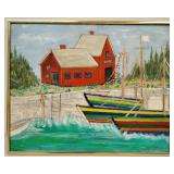 Naive Folk Art Seaside Fishing Harbor, Oil