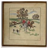Vintage Framed Fox Hunt Crewel Embroidery
