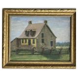 Vintage Quebec Stone Farmhouse Oil on Board