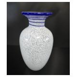 White Splatter Cased Glass Vase with Cobalt Rim