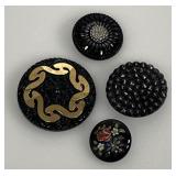 Black Glass Decorate Vintage Buttons - Czech