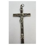 Antique Metal & Wood Pectoral Crucifix w Skull &