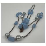Blue Glass & Faux Pearl Beaded Station Necklace