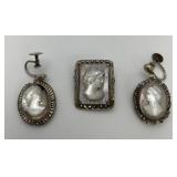 CAMEXCO Sterling & MOP Cameo Brooch & Earrings Set