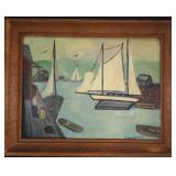 Mathews, Naive Folk Art Harbour Landscape, Oil