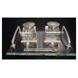 French Art Deco Glass & Chrome Double Inkstand