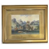 Antique Late 1800s Seashore Fortress Watercolour