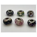 Sterling 925 Lampwork Blown Glass Beads, set of 6