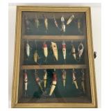 21 Wooden Fishing Lures in Display Case